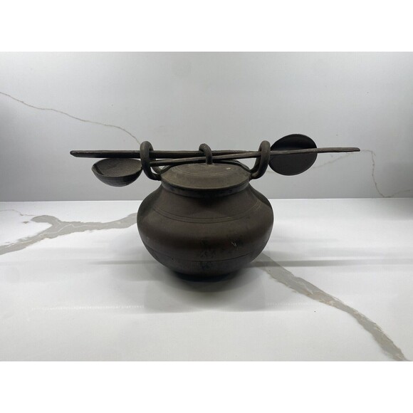 Antique Brass Heavy Fireplace Cooking Pot with stirring and serving spoons - Picture 2 of 10